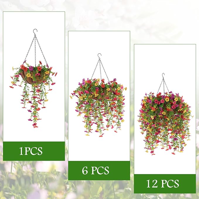 6 Pcs Artificial Hanging Mums Flowers Outdoor, Fake Hanging Flowers Silk Outside Plants for Outdoor Planter Patio Front Door Window Garden Decoration (6, Red, Purple, Rose Red, Yellow)