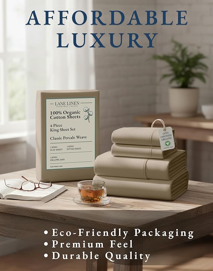 LANE LINEN 100% Organic Cotton Sheets Set, Long- Staple Percale Weave Ultra Soft Best- Bedding Sheets for Bed, GOTS Certified, Fits Mattress Upto 15inch Deep Pocket (King, Taupe)