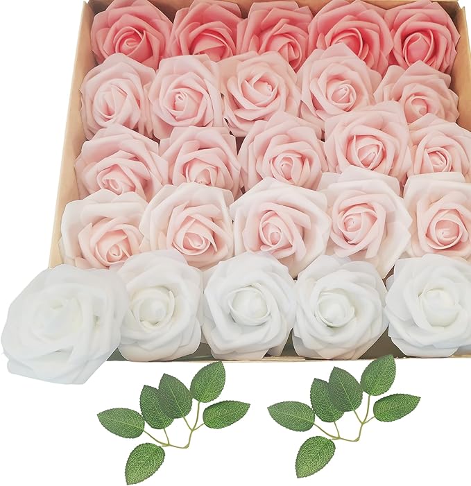 Artificial Flowers 25pcs Roses, Shade of Peach Foam Fake Rose Faux Flower for DIY Wedding Bouquets Bridal Shower Centerpieces Floral Arrangements Party Tables Home Decorations