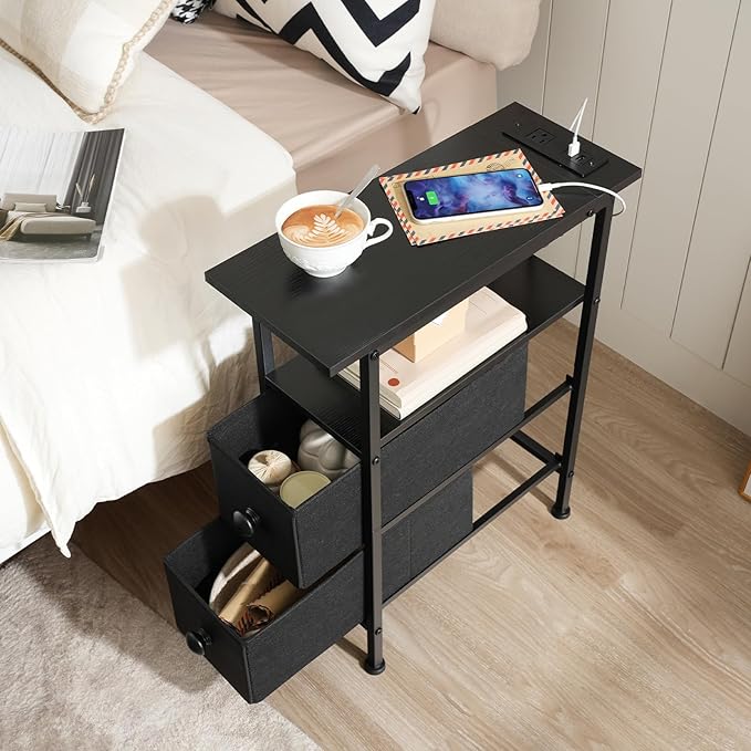 HOOBRO End Table with Charging Station, Narrow Side Table with 2 Fabric Drawers, Skinny Nightstand with Storage, Slim Bedside Table for Bedroom, Living Room, Small Spaces, Black BB487UBZ01