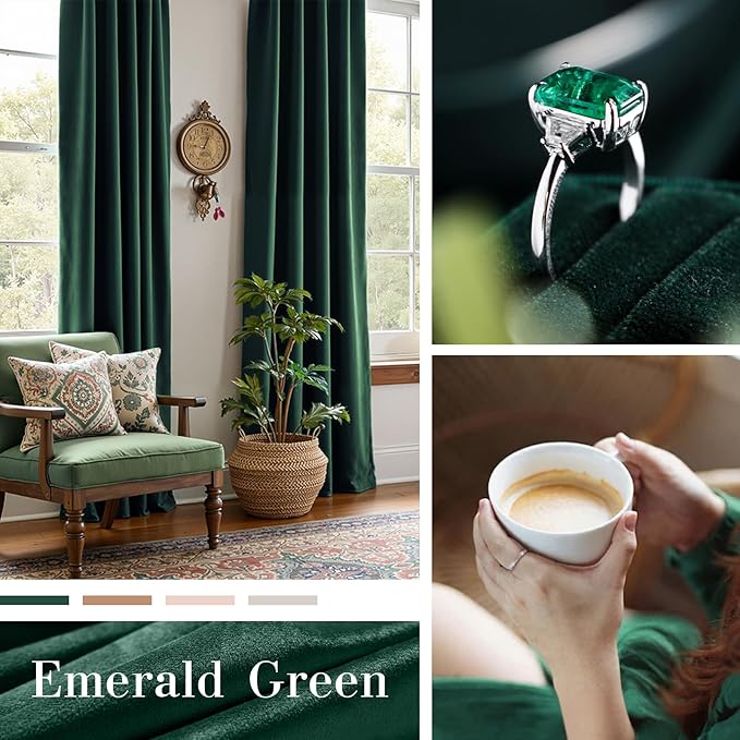 Lazzzy Velvet Blackout Curtains Thermal Insulated Room Window Drapes Super Soft Luxury Curtains for Living Room Bedroom Rod Pocket 2 Panels, Emerald Green, 62" W x 84" L