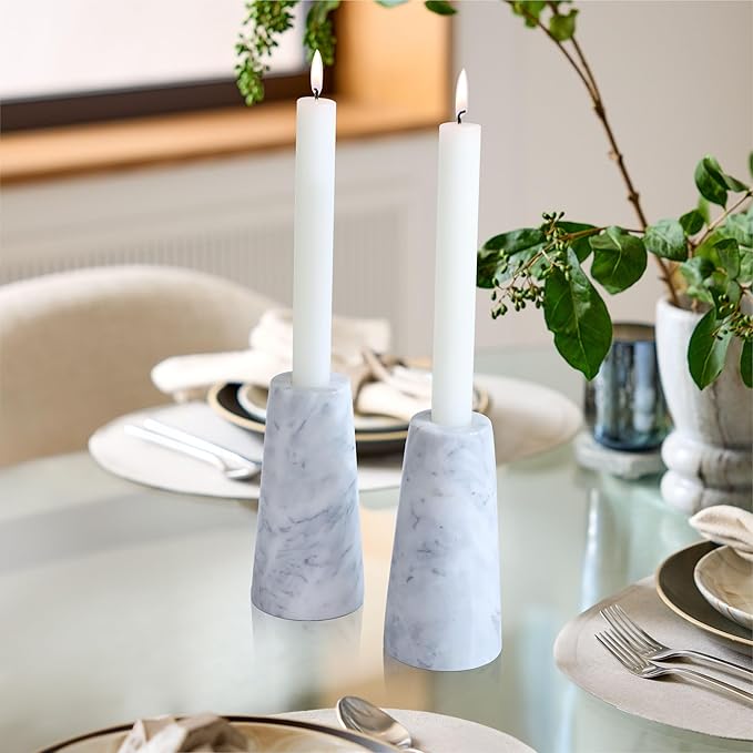 HofferRuffer Marble Candlestick Holders，Set of 2 Natural Stone Candle Holder Decorative Candle Stands for Wedding, Dinning, Party, Table Centerpieces, Fit 3/4'' Thick Taper Candles (Grey White)