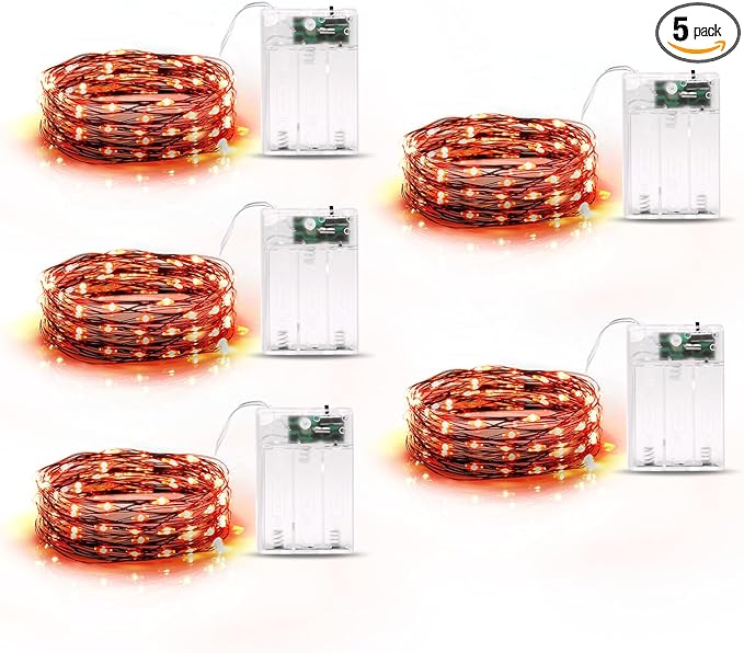 5 Pack Fairy Lights Battery Operated, 7 Feet 20 Led String Lights with Timer, Waterproof Firefly Lights for Party Haunted House Indoor Outdoor Halloween Decorations, 6 Hours on/18 Hours Off, Orange