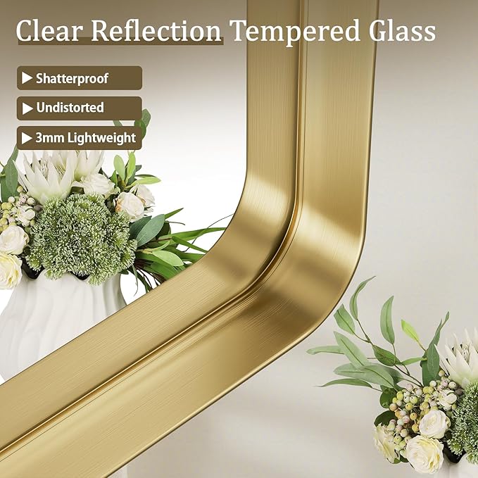 VooBang Bathroom Mirror 30x48 inch, Gold Gorgeous Deep Frame Wall Mirror, Modern Round Corner Bathroom Vanity Mirror for Bedroom, Living Room, Hanging or Leaning Horizontal or Vertical, Gold