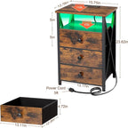 AMHANCIBLE Night Stand Set 2, LED Nightstand with Charging Station, End Side Tables with USB Port & Outlet, Bedside Tables with Fabric Drawers for Bedroom Living Room, Rustic Brown HET053LBR