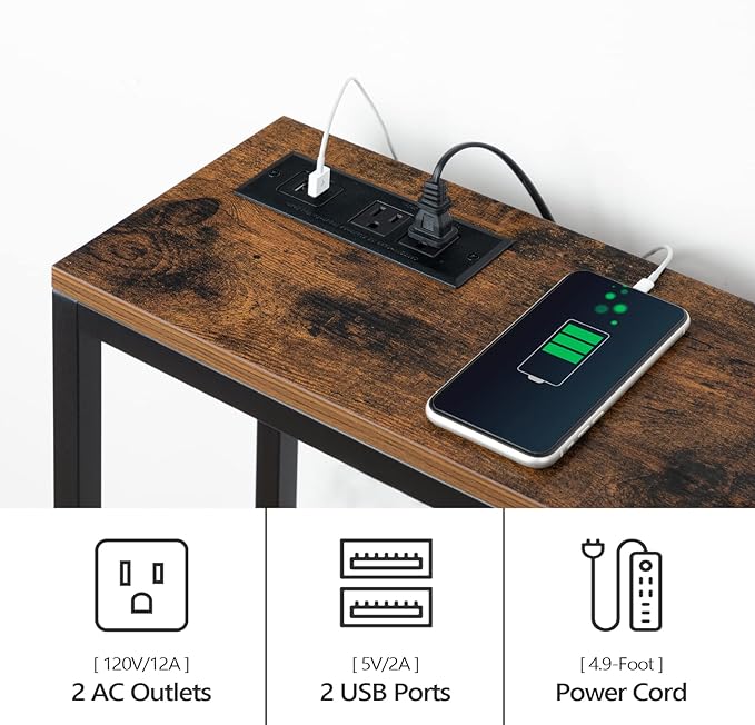 63" Console Table with Power Outlet, Narrow Sofa Industrial Entryway Behind Couch Table with USB Ports for Entryway, Hallway, Foyer, Living Room, Bedroom, Rustic Brown CTHR16E01Z
