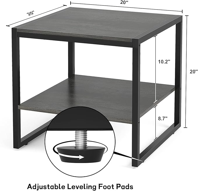 Homieasy End Table, 20 Inch Square End Table, Mini Fridge Stand with 2-Tier Storage Shelves, Industrial Wood Side Tables for Living Room, Black Oak