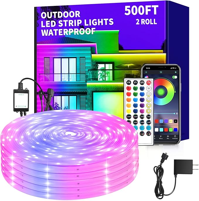 500ft Outdoor LED Strip Lights Waterproof,IP68 Outside Led Light Strips Waterproof,Color Changing with App/Remote Control,Music Sync RGB Outdoor Led Rope Lights for Bedroom（2 rolls of 250ft ）