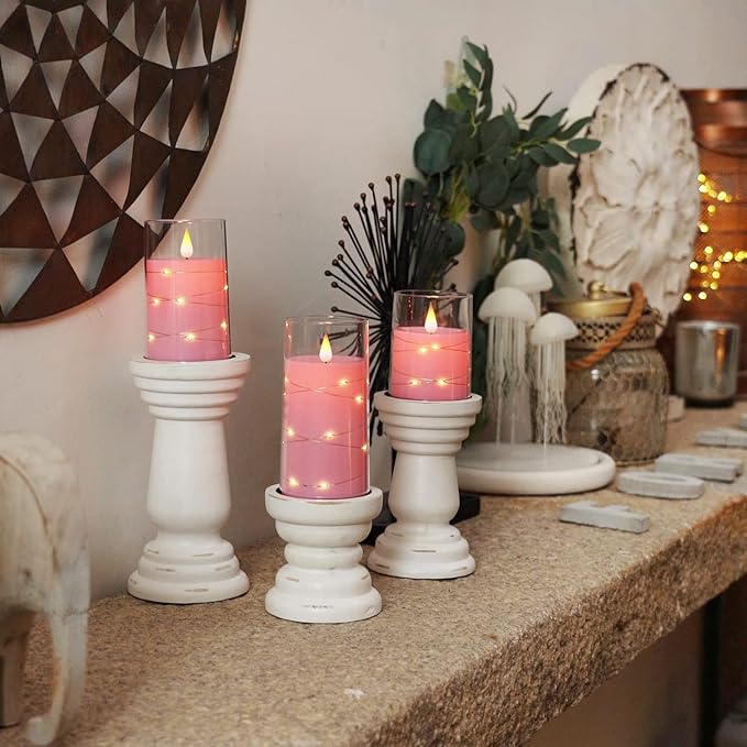 Homemory Flickering Flameless Candles with String Lights, Battery Operated Candles, Embedded String Lights LED Candles, Unbreakable Plexiglass Candle with Remote, Set of 3, Pink