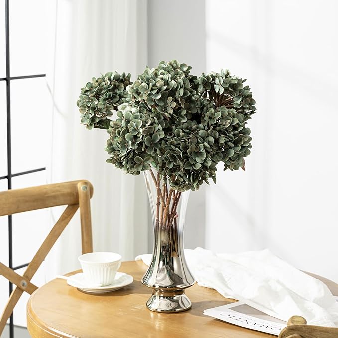 Artificial Flower Fake Silk Hydrangea Heads Bouquet with Stems Bulk for Fall Decoration Table Center Christmas Indoor Outdoor Faux Floral Realistic with Leaves Plants Crafts 8PCS (Green)