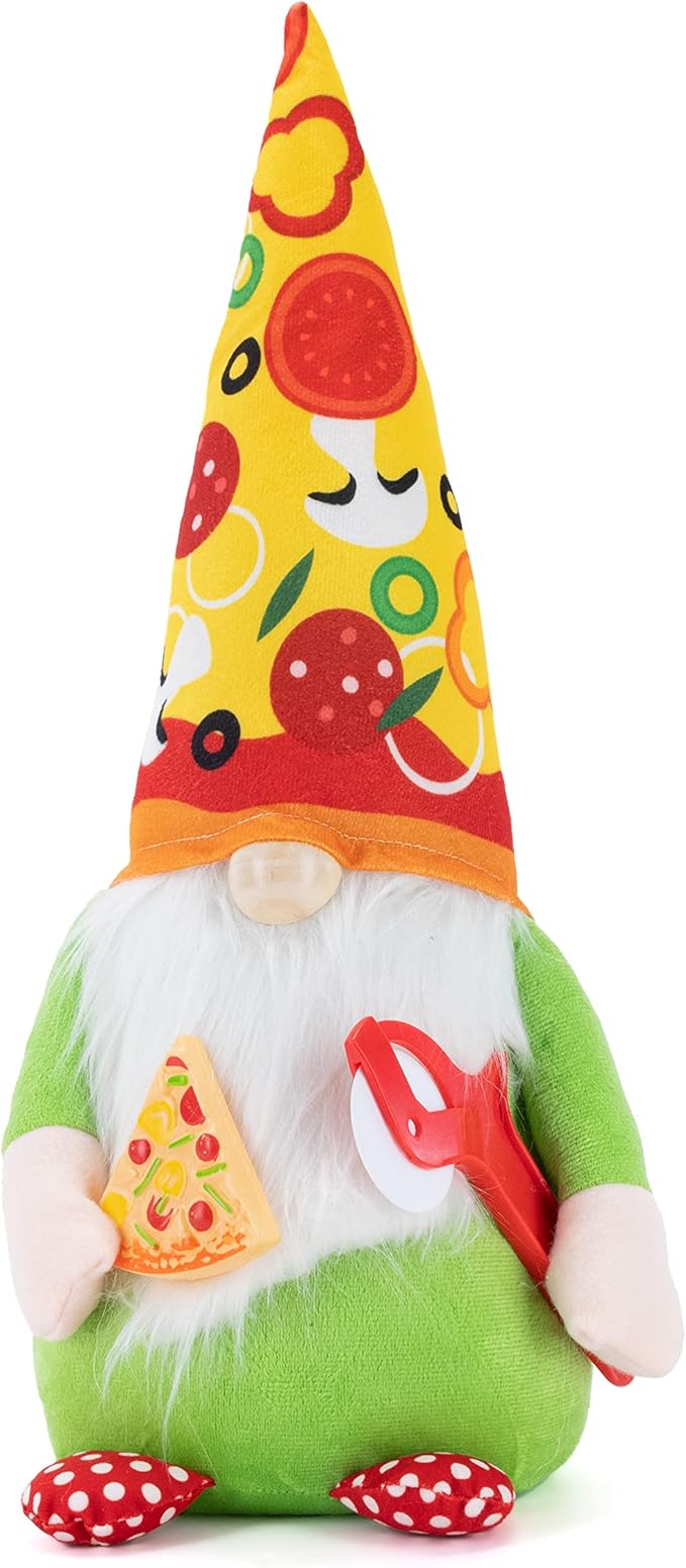 Pizza Gnome - Cute Gnome Eating Pizza - Farmhouse Style Stuffed Plush Shelf Figurine - Pizza Decorations Indoor Gnome Decor - Gnomes Decorations for Home & Office - Pizza Gifts for Pizza Lovers