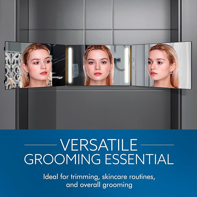 3-Way Mirror with LED Lights for Self Hair Cutting – Adjustable, Portable, 360-Degree View