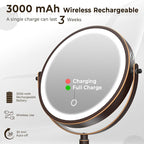 8" Wall Mounted Lighted Makeup Mirror, 3000mAh Rechargeable Double Sided 1X/10X Magnifying Mirror with Hook, 3 Color Lights Touch Dimmable 360° Rotation Vanity Mirror for Bathroom (Antique Bronze)
