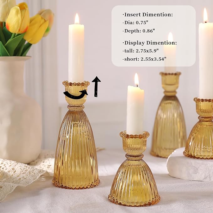 6 Pcs Amber Glass Candlestick Holders (3.5"/6", Assorted)- Tall Taper Candle Holders with Vintage Design, Candle Stick Holders in Bulk for Fall Party Decor, Amber Candle Holder for Tapered Candles