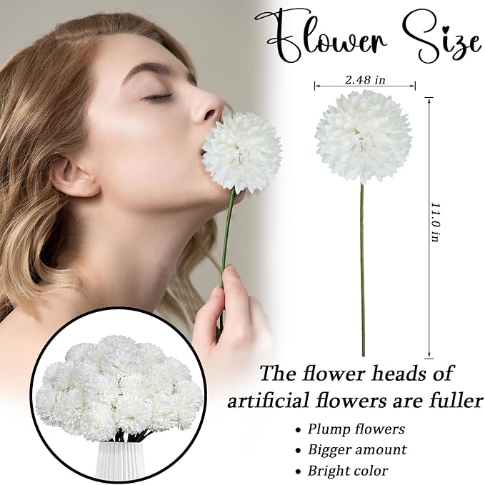 36 Pcs White Artificial Flowers Faux Ball Chrysanthemum Bouquet Silk Flowers Bridal Wedding Bouquet for Home Garden Party Office Coffee House Decoration (White)