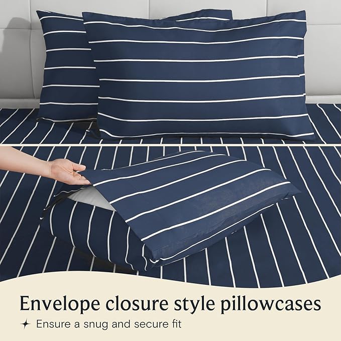 LuxClub 4 PC Queen Size Sheet Set Bed Sheets, Breathable Luxury Deep Pockets Wrinkle Free Cooling Sheets Machine Washable Hotel Bedding (Queen, Striped Navy)