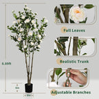 Faux Camellia Flower Tree 7ft(82in) Artificial Floor Plant for Indoor Decor Realistic Greenery Potted Tree with White Blooming Flowers and Natural Wood Trunk for Home Living Room,Office,Porch Decor