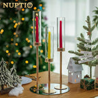 NUPTIO Gold Taper Candle Holders: Set of 3 Tall Hurricane Candlestick Holder with Open Ended Clear Glass Covers Long Stem Metal Candle Stick Stand for Fall Thanksgiving Christmas Table Decor