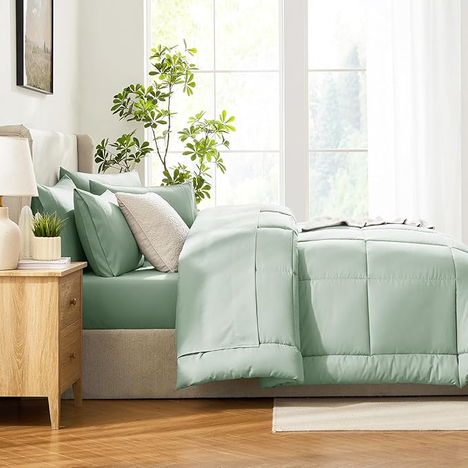 CozyLux Full Size Comforter Sets Sage Green, 7 Pieces Bed in a Bag, Green Comforter Full Size, All Season Bedding Sets with Stitch Quilted Comforter, Flat Sheet, Fitted Sheet, Pillowcases