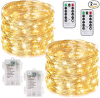 MUMUXI 2 Pack 33 ft Remote Control Fairy Lights Battery Operated String with Timer, 100 LED Christimas Twinkle Waterproof Silver Wire Firefly Lights for Outdoor Use, Warm White