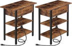 HOOBRO Set of 2 End Tables, Side Table with Charging Station, Flip Top Nightstand with USB Ports and Outlets, Bedside Tables with Shelf for Small Spaces, Living Room, Bedroom, Rustic Brown BF341BZP201