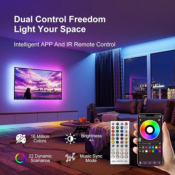 50 FT Led Lights for Bedroom,Lntelligent Application Remote Control Color Change LED Strip Lights, Music Synchronization Bluetooth RGB Lights, Used for Room, Home, Party Decoration