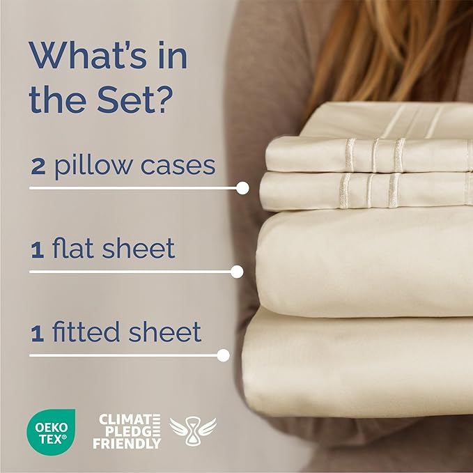 Queen Size 4 Piece Sheet Set - Comfy Breathable & Cooling Bed Sheets Set - Hotel Luxury Bedding for Women, Men, Kids, Teens, Boys & Girls - Deep Pockets, Soft and Wrinkle Free - Oeko-Tex - Off White