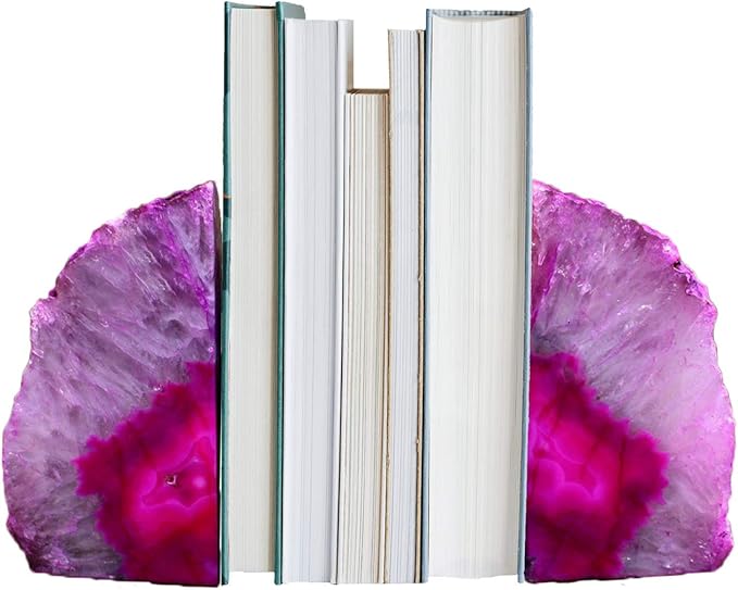 AMOYSTONE Brazilian Rock Bookends 1 Pair Pink Agate Geode Bookends 3-4 Lbs for Video Games CDs Unique Bookends Home Decorative