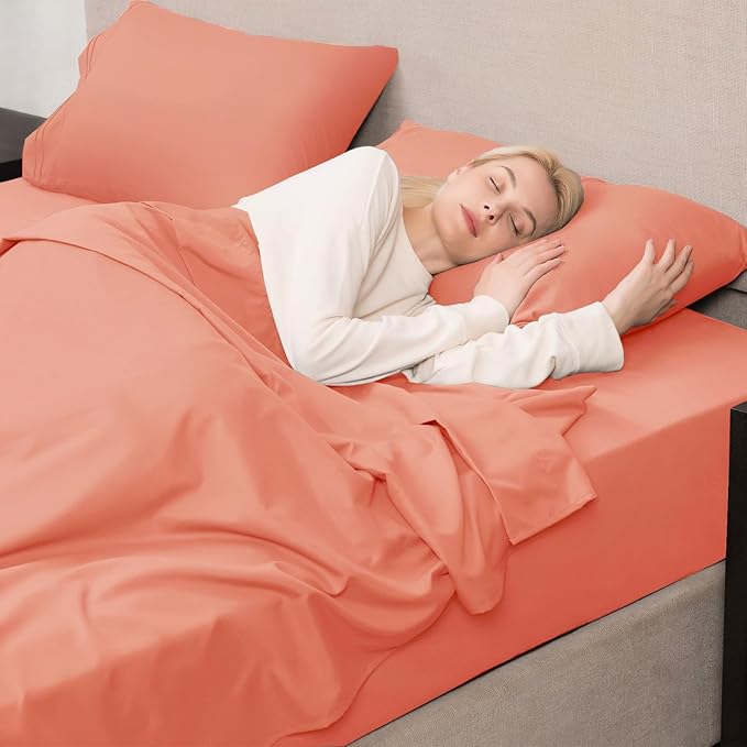 Mejoroom Queen Size Sheet Set - Hotel Luxury 1800 Bedding Sheets & Pillowcases - Deep Pocket Fitted Sheet, Soft, Breathable, Wrinkle & Fade Resistant - 4 Piece (Queen, Coral)