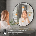 28 Inch Round LED Bathroom Mirror, Black Metal Framed Lighted Mirror for Bathroom, Wall Mouted LED Vanity Mirror with Lights, 3 Colors and Stepless Dimmable, Anti-Fog, Memory