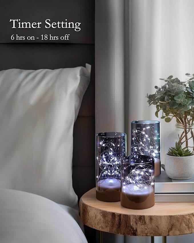 Homemory Flickering Flameless Candles with Remote, Embedded String Lights in Acylinder Vase, Battery Operated Fake Candles, Gray LED Candles with Timer for Home Decor, 8 Mode Lights, Set of 3