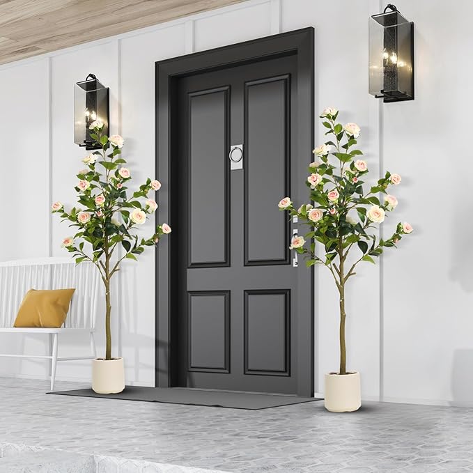 5FT Artificial Camellia Tree with White Planter & Pebbles,Faux Flower Tree with Lifelike Leaves and Realistic Trunk,Tall Fake Potted Plant for Home Decor Indoor Outdoor. (White, 5FT)