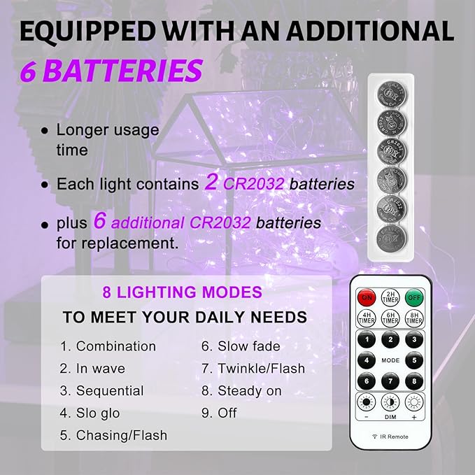 6PCS Purple Fairy Lights Battery Powered with Timer, 7ft 20LEDs Twinkle Mini Lights with Remote,Waterproof Small Silver Wire Firefly Starry for DIY Wedding Party Christmas