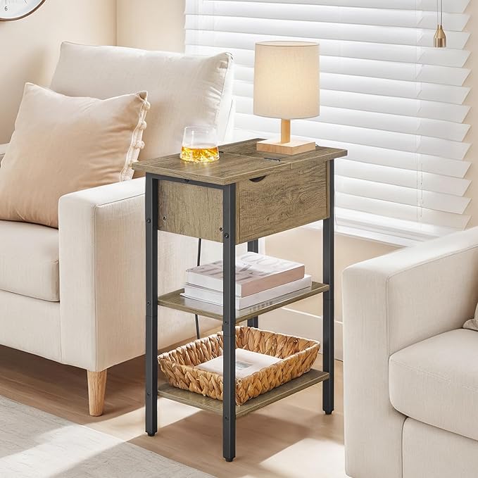 HOOBRO End Table with Charging Station, Narrow Side Table, Flip Top Nightstand with USB Ports and Outlets, Bedside Tables with Shelf for Small Spaces, Living Room, Sunwashed Ash Oak BHH341BZ01