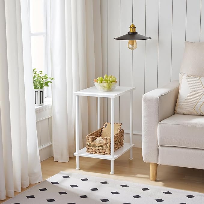 HOOBRO End Table, Small Side Table, Nightstand with 2-Layer Storage Shelves, Sofa Table for Small Spaces, Living Room, Bedroom, Stable Frame, Easy Assembly, White WW09BZ01