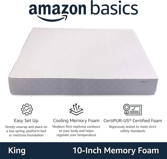 Amazon Basics Gel Memory Foam Mattress, Firm, Cooling, King Size Mattress, CertiPUR-US® Certified Foam, 80 x 76 x 10 inches, White/Gray