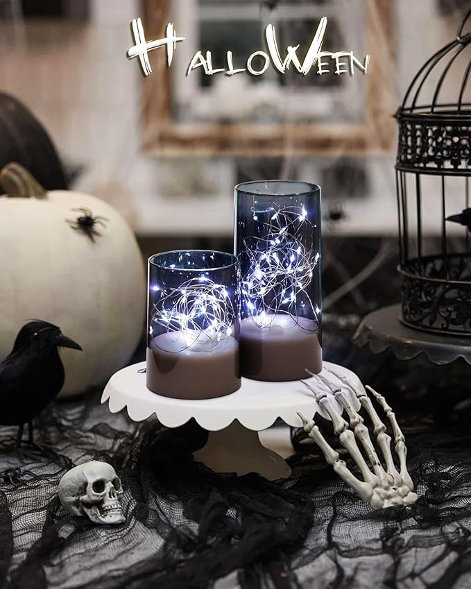 Homemory Flickering Flameless Candles with Remote, Embedded String Lights in Acylinder Vase, Battery Operated Fake Candles, Gray LED Candles with Timer for Home Decor, 8 Mode Lights, Set of 3