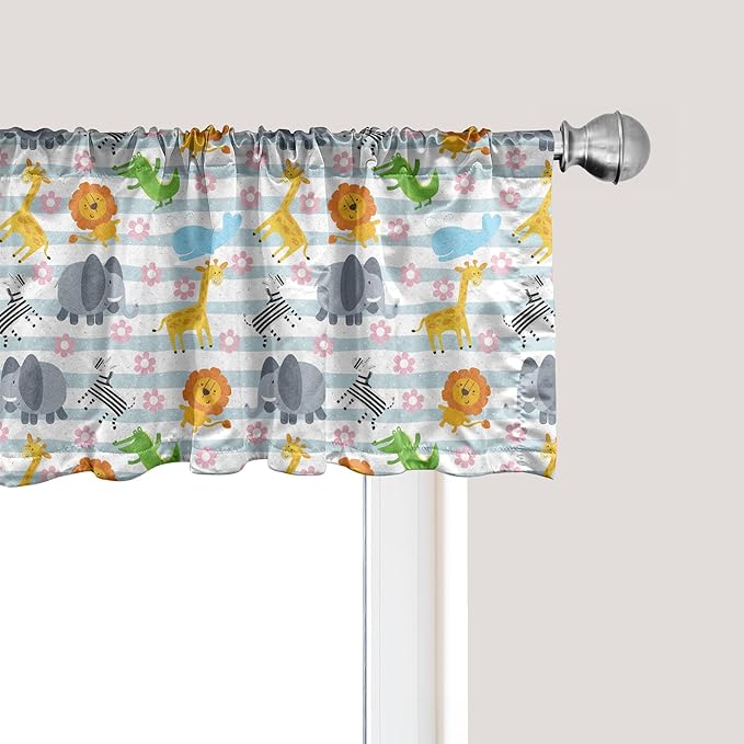 Ambesonne Savannah Window Valance Pack of 2, Friendly Zoo Animals with Happy Faces Cartoon Characters on Stripes Print, Rod Pocket Curtain Valances for Kitchen Bedroom, 42" X 18", Pale Azure Blue