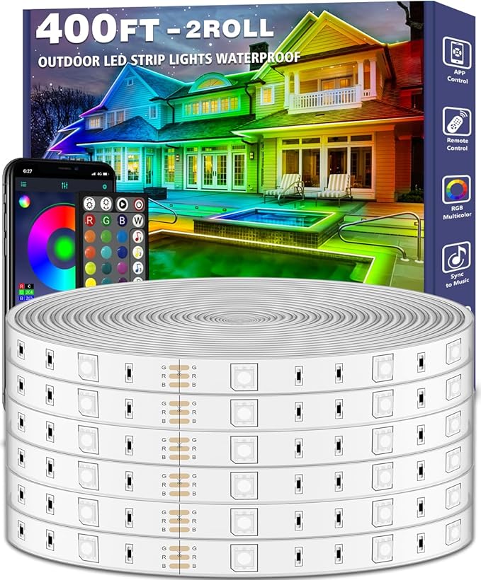 400ft Outdoor LED Strip Lights Waterproof,IP68 Outside Led Light Strips Waterproof with App and Remote,Music Sync RGB Exterior Led Rope Lights with Self Adhesive Back for Roof,Deck