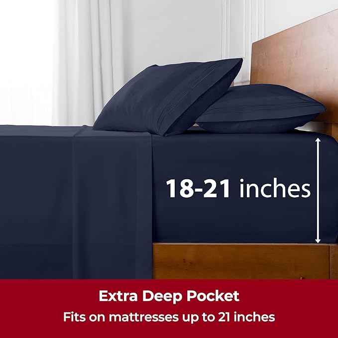Mellanni Extra Deep Twin Sheets - 3 PC Iconic Collection Bedding - Hotel Luxury, Ultra Soft, Cooling Bed Sheets - Wrinkle, Fade, Stain Resistant (Twin, Navy Blue)