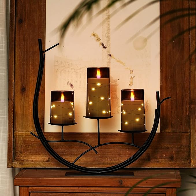 Homemory Flickering Flameless Candles with String Lights, Battery Operated Candles, Embedded String Lights LED Candles, Unbreakable Plexiglass with Remote, Set of 3, Grey