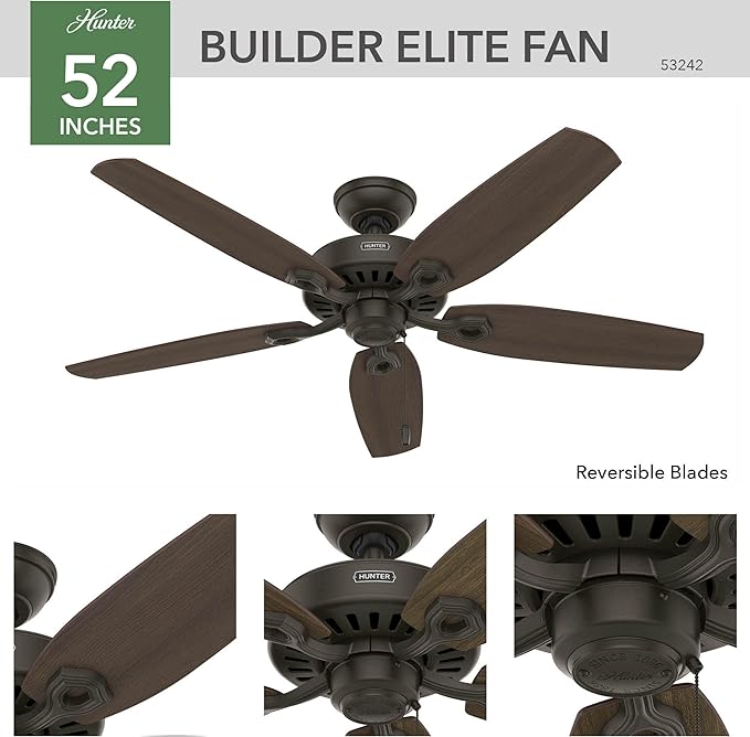 Hunter 52 inch Indoor Ceiling Fan No Light with Pull Chain - Bronze Ceiling Fan without Light, Standard Mount, 5 Blades, For Bedroom, Living Room, or Kitchen - Builder Elite 53242, New Bronze