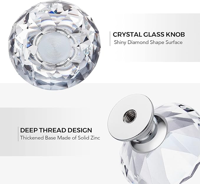 Ravinte 20 Pack Crystal Drawer Knobs - Glass Cabinet Knobs, Diamond Shaped, 30 mm, Silver Base