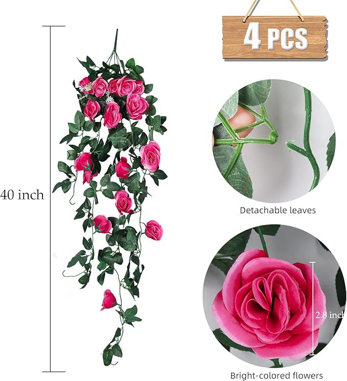 RECUTMS Artificial Rose 4Packs Fake Hanging Flower Faux Ivy Vine Plants for Home Window Garden Office Patio Planter Pathway Front Porch (Rose Red)