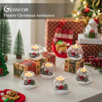 Glasseam Christmas Votive Candle Holders: Glass Tealight Candle Holder Set of 6 with Red Berry and Snow Pinecone Decorative Candle Holders for Table Centerpiece Party Christmas Decor Advent Gifts
