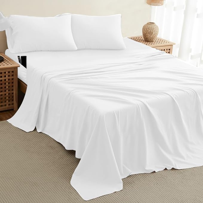 DREAMCARE Twin XL Sheet Sets - 4pc Cooling Sheets XL Twin Sheets - Twin XL up to 21” Deep Pocket – Hotel Luxury Extra Long - White