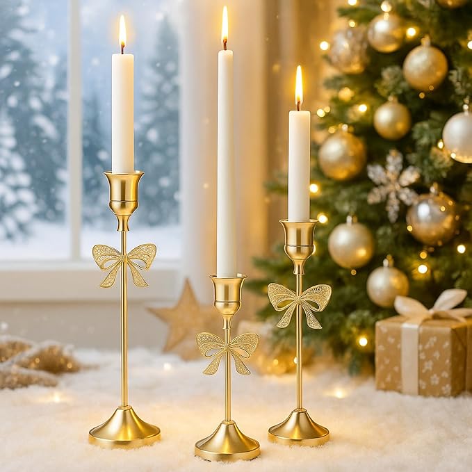 3 Pcs Christmas Candle Holders 3 Size Gold Taper Candlestick Holders Set Vintage Decorative Centerpiece for Table Mantel Wedding Housewarming Thanksgiving Gifts (Bowknot)