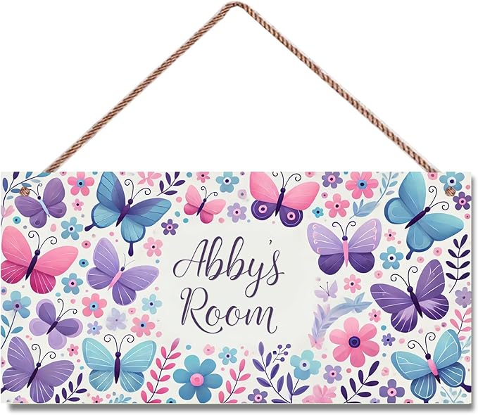 Personalized Sign Butterfly and Flowers Rerto Sign Wall Art Decor For Kids Room Custom Name Door Décor For Little Man Cave Girls Bedroom Home Kitchen Garden Yard