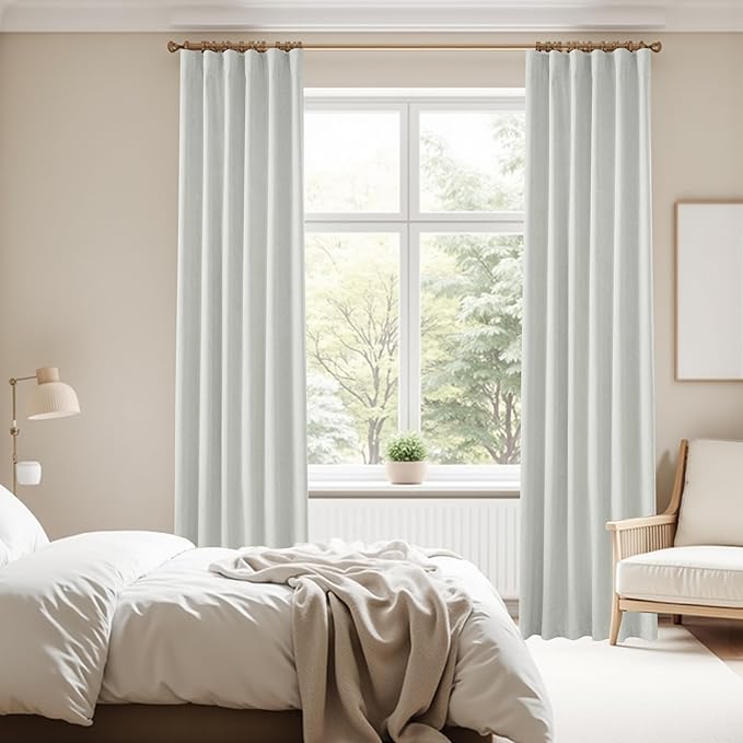KangBang 90 Inch Linen Textured Curtains Blackout for Bedroom, Room Darkening Thermal Insulated Neutral Scandinavian Style Curtains, Back Tab Hook Belt Pleated Drapes(Greyish White,52Wx90L,2 Panels)