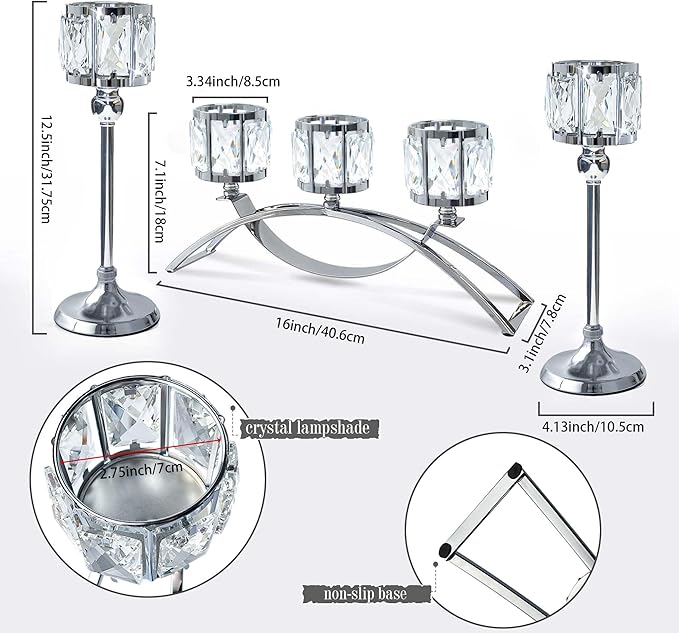 3 Arms Crystal Candle Holders, Arch Candlestick Table Candelabras Centerpieces for Wedding, Dinning Room, Cabinet Ornaments, Home Decoration， Gift (3-arm Arched Set, Silver)